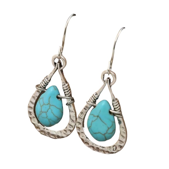 Silver and Turquoise Waterdrop Style Hammered Earrings - Picture 1 of 7